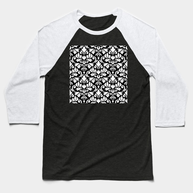 Flourish Damask Ptn White on Black Baseball T-Shirt by NataliePaskell